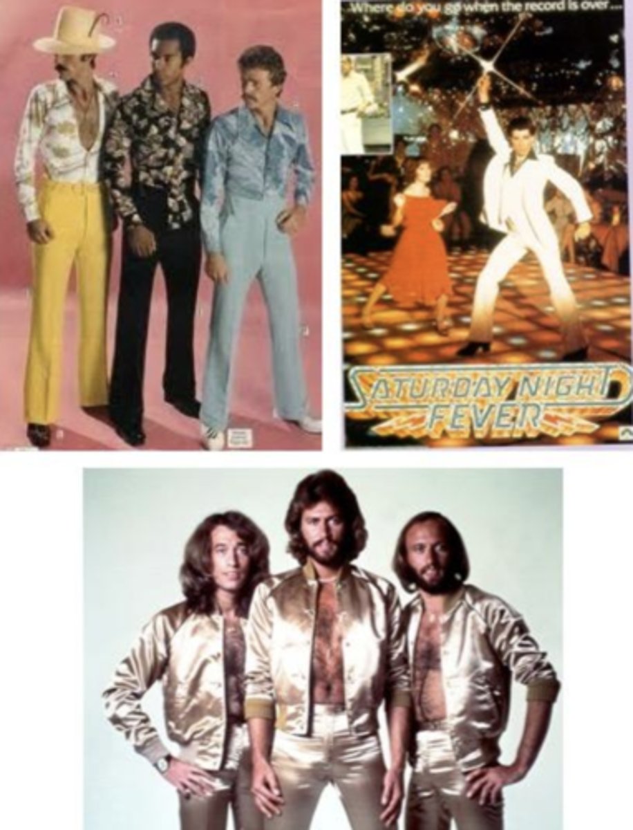 <p>Introduction of denim distressing</p><p>- Stone washing, machine distressing, fringe, and appliques</p><p>Very high waisted</p><p>disco emerges --> Glitter, glam, bell bottoms, spandex, jumpsuits</p>