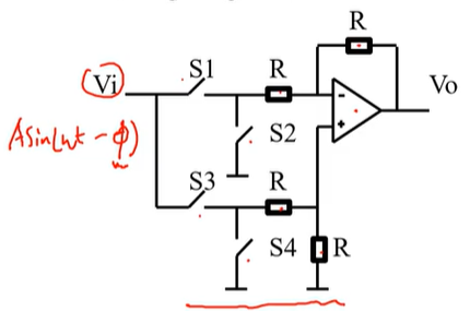 <p>it consists of an op-amp, 4 analogue switches and 4 resistors all of the same value. </p>