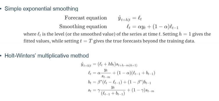 <ul><li><p>simple exponential smoothing </p></li><li><p>holt winter’s multiplicative method </p></li></ul><p></p>