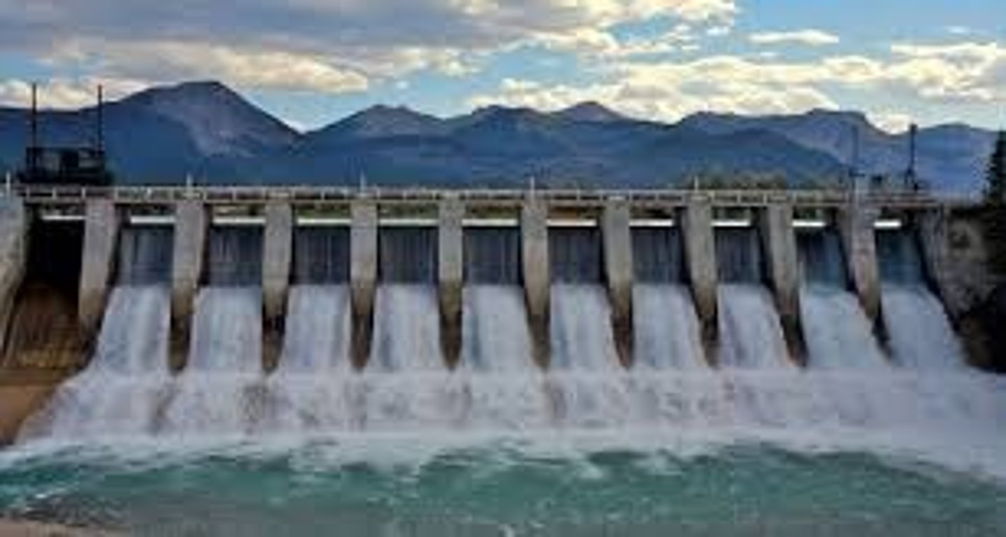 <p>using the energy of water falling over a dam to turn a turbine, to generate electricity</p>