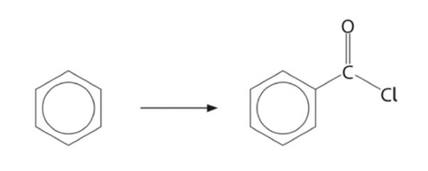 <p>1. benzene → bromobenzene</p><p>bromine, FeBr₃ catalyst</p><p>2. bromobenzene → phenylmagnesium bromide</p><p>Mg, dry ether</p><p>3. phenylmagnesium bromide → benzoic acid</p><p>CO₂ and dilute HCl</p><p>4. benzoic acid → benzoyl chloride</p><p>PCl₅</p>