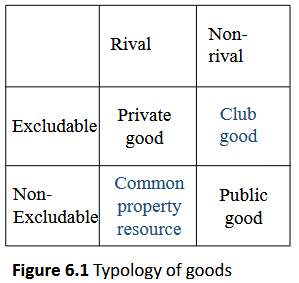<ul><li><p><u>Excludable Goods</u>: consumers can be excluded from consuming it</p></li><li><p><u>Rival Goods</u>: consumption by one consumer reduces the quantity available for others</p></li><li><p><u>Impure Public Goods</u>: between private and public goods (ex. club goods, common property resources)</p></li></ul><p></p>