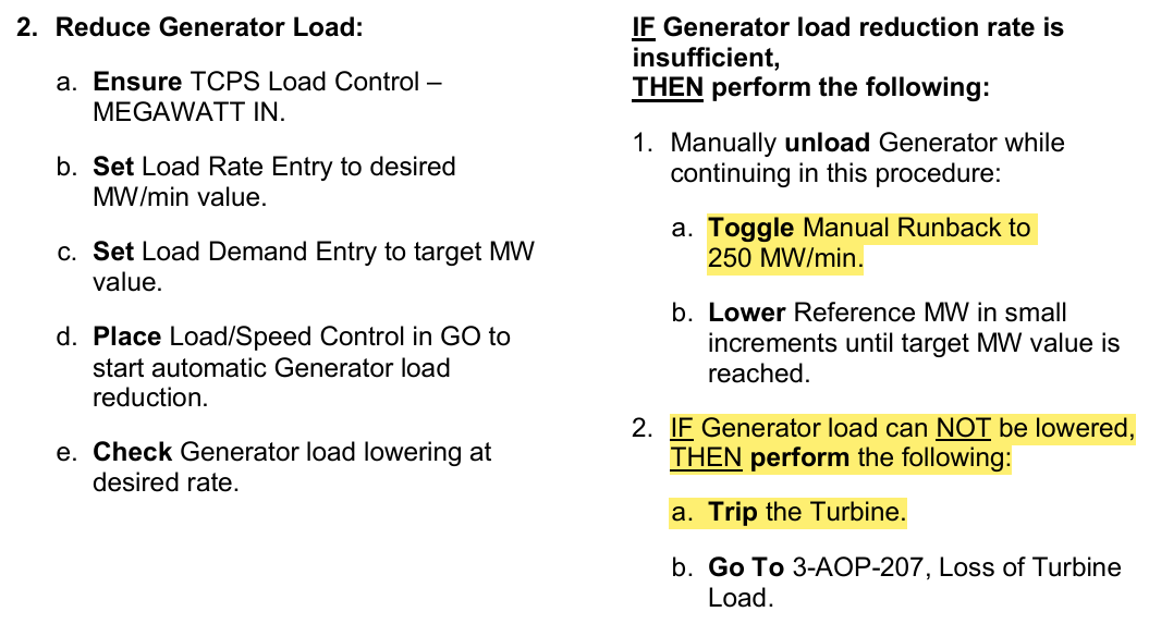 <p>Ensure Megawatt IN, then go</p><p>Toggle Manual Runback to 250MW/min (normally 2500)<br>*Manual Fails = Trip Turbine, <strong>Go To </strong>AOP-207</p>