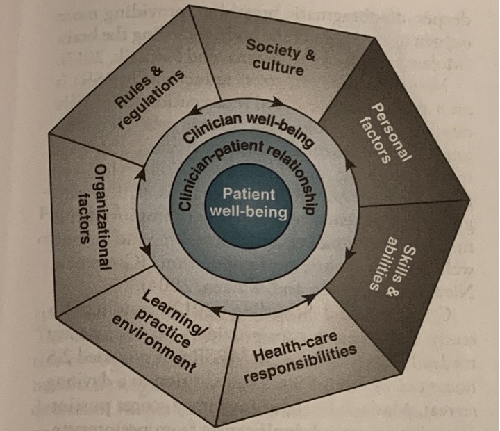 <ul><li><p>Relationship between patient, clinician, and the complex interaction of factors that affect professional well-being and thereby have an impact on patient care</p></li></ul><p></p>
