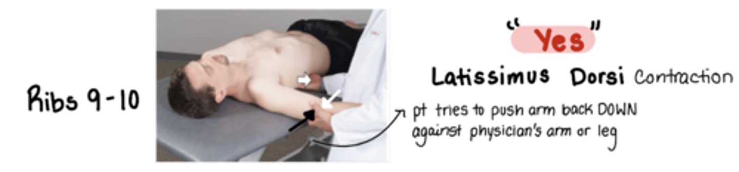 <p>"Yes"</p><p>m: latissimus dorsi </p><p>stand on same side as SD </p><p>pt tries to push arm back DOWN against physician arm/leg</p><p>index and middle finger hook onto posterior and SUPERIOR aspect of the dysfunctional rib pulling rib inferolaterally at the rib angle</p><p>ribs are stuck DOWN</p>