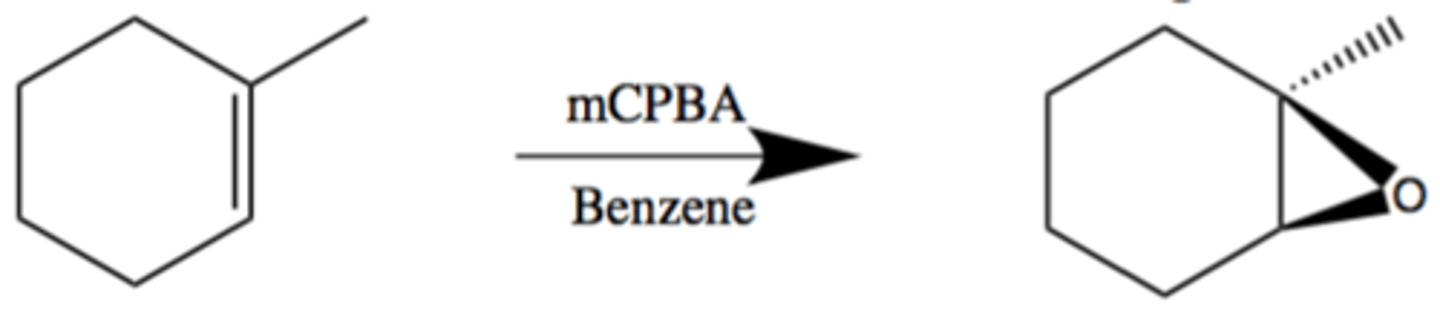 <p>Anti/trans/mark</p><p>Alkene + mCPBA --&gt; (CH2Cl) --&gt; epoxide</p>