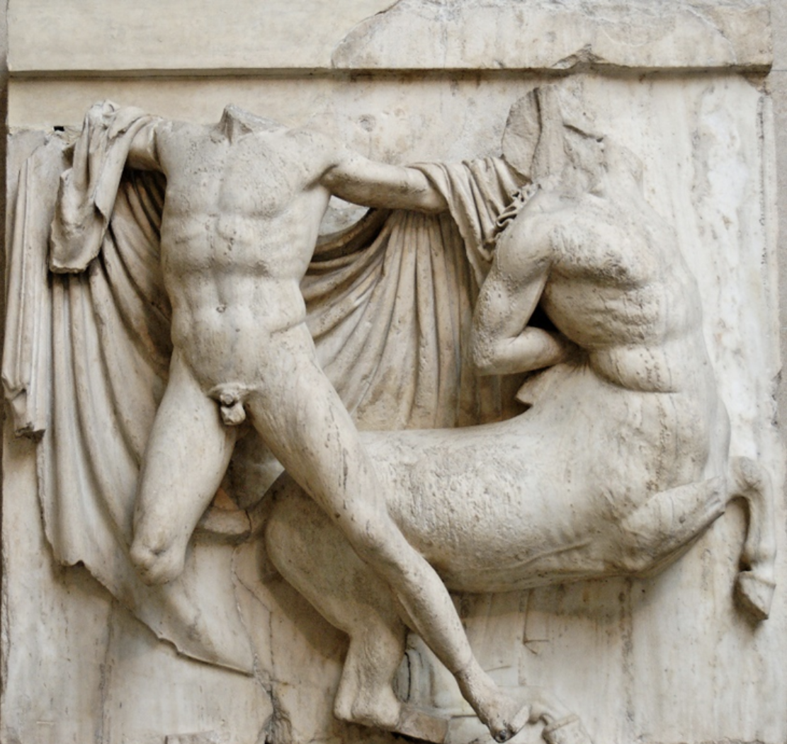 <p><span>How would the Ancient Greeks have understood the battle between lapiths and centaurs on the Partenon's metopes?</span></p><ul><li><p><span>As a metaphor for the rebuilding of Greek civilization after the Persian wars</span></p></li><li><p><span>As a metaphor for the destruction of the Acropolis by the Persians</span></p></li><li><p><span>As a metaphor for the superiority of Greeks over non-Greeks</span></p></li><li><p><span>As a metaphor for the futility of warfare among the polises</span></p></li></ul><p></p>