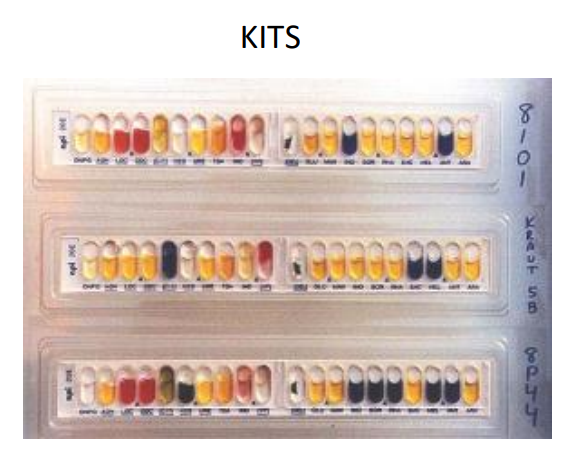 <ul><li><p>sugar fermentation profiles - gas? - acid? </p></li><li><p>enzyme profiles eg coagulase</p></li></ul><p>single test not enough - use loads of tests - metabolite profile on a structure - mass spec vs database </p>