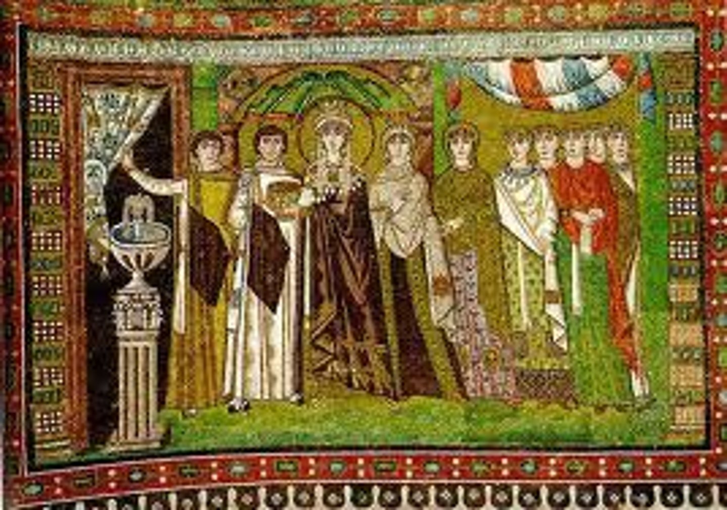 <p>Embroidered magi on her robe allude to biblical status. Slight displacement but still positioned next to Justinian to represent her power. Justinian and Theodora never visited San Vitale.</p>