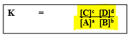 <p>a numerical value of relative concentrations of products to reactants at equilibrium</p><p>A and B are reactants and C and D are products</p><p>a,b,c and d are the coefficients in the equation</p><p>only aqueous and gaseous substances are included</p><p>PRODUCTS IN NUMERATOR AND REACTANTS IN THE DENOMINATOR</p>