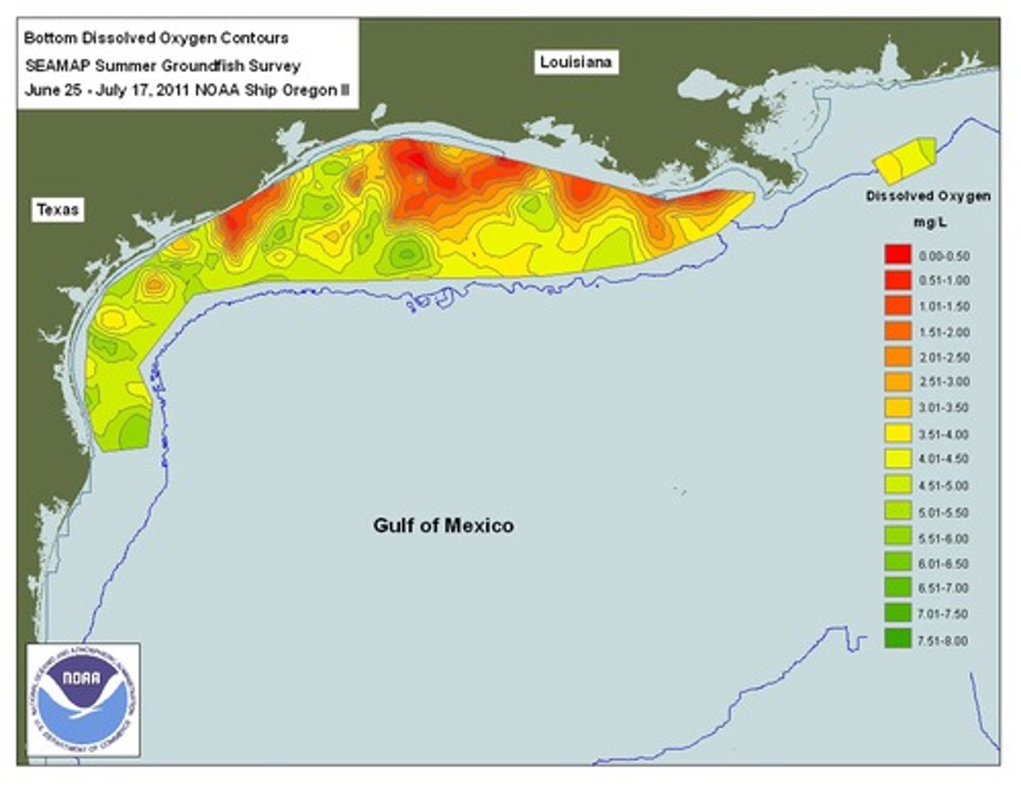 <p>In a body of water, an area with extremely low oxygen concentration and very little life.</p>