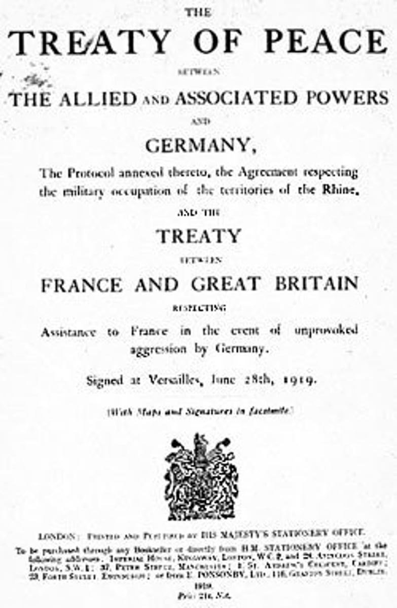 <p>In treaty of Versailles; declared germany and austria responsible for WWI; ordered Germany to pay reparation to Allied powers</p>