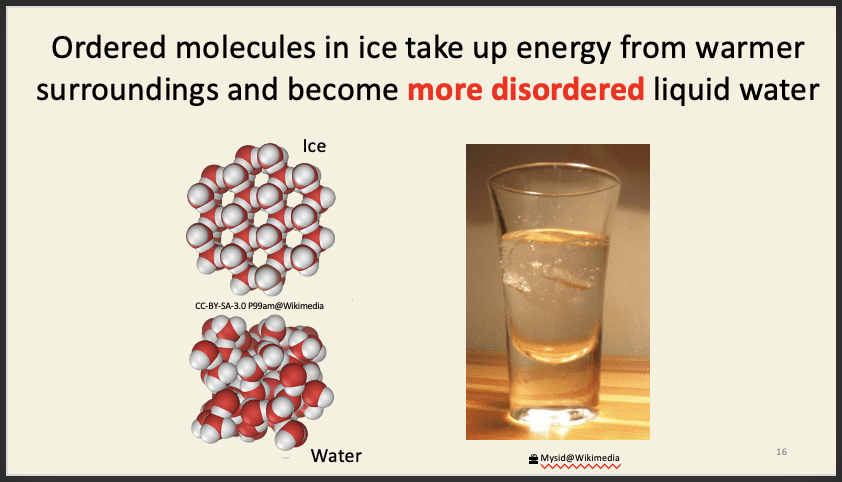 <ul><li><p>adding energy into the system = ice melts into water but temperature change does not occur (this is because highly ordered ice particles are being turned into a much more disordered state - driven by entropy change)</p></li></ul><p></p>