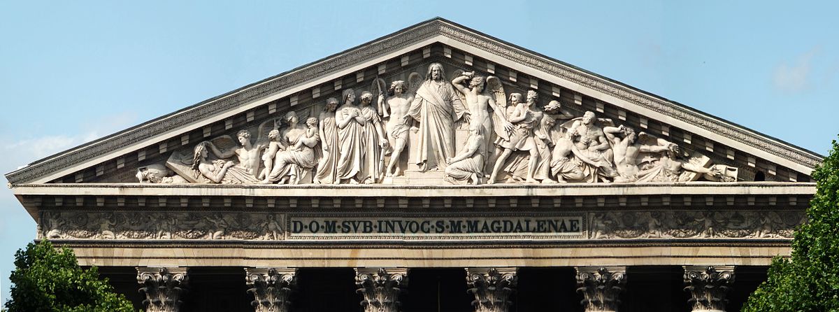 <p>large triangle above colonnade containing sculpture</p>