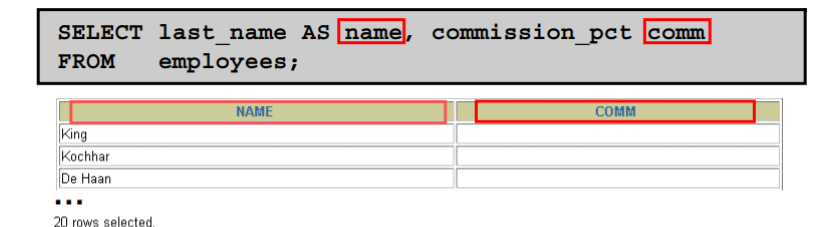 <p>(Using Column Aliases)</p><ul><li><p>This displays the names and commission percentages of all the employees.</p></li></ul><ul><li><p>Notice that the optional AS keyword has been used before the column alias name.</p></li><li><p>The result of the query is the same whether the AS keyword is used or not.</p></li></ul><p></p>