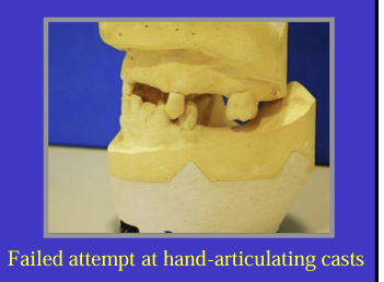 <p>where there is significant number of teeth missing, it might not be possible to hand-articulate casts with certainty outside of the mouth</p><p>also, just taking an<strong> inter-occlusal record</strong> in the mouth may not be accurate or reliable</p>