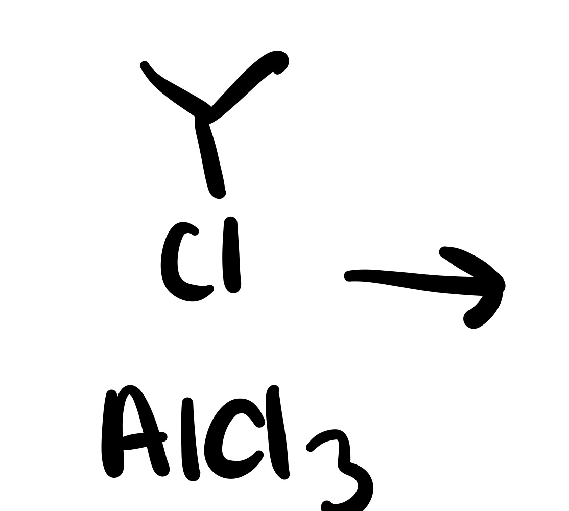 <p>Carbon chain w/ Cl, AICL3 -  Carbon chain adds without the Cl</p>