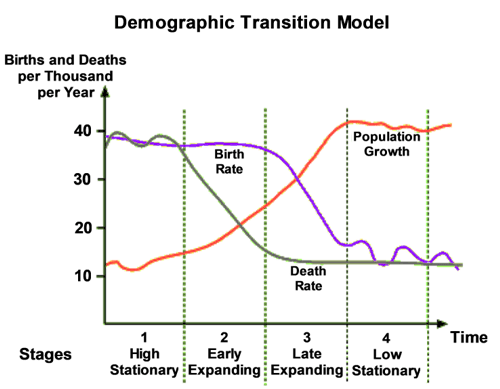 <p><span>Historical population trends of two demographic characteristics – </span>birth rate and death rate<span>&nbsp; – to suggest that a country’s total population growth rate cycles through stages as that country develops economically.</span></p>