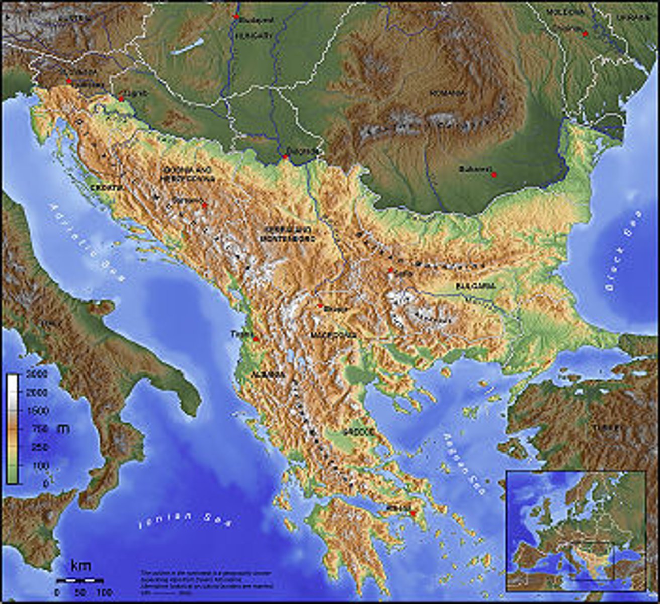 <p>A large peninsula in southern Europe bounded by the Black, Aegean, and Adriatic seas. It is a politically tense part of the world. For example, an assassination of an Austrian prince in Bosnia by a Serbian started World War 1.</p>