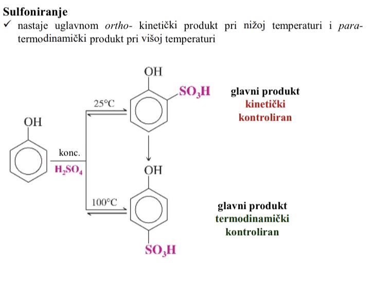 <p>Nastaje uglavnom ortho kineticki produkt pri nizoj temperaturi</p><p>I para termodinamicki produkt pri visoj temperaturu</p>