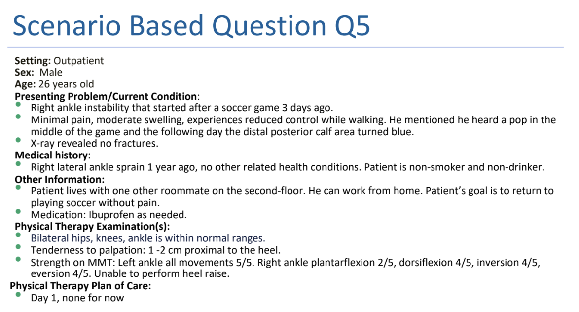 <p>The patient underwent a right Achilles tendon repair and returned to the physical therapy clinic at 2 weeks wearing a controlled ankle motion (CAM) boot. Which of the following interventions would most likely be CONTRAINDICATED in the initial phase of rehab?</p><p>A. Hip and knee strengthening</p><p>B. Ankle muscle setting exercises</p><p>C. Heel raises in standing</p><p>D. Ambulation training with CAM boot</p>