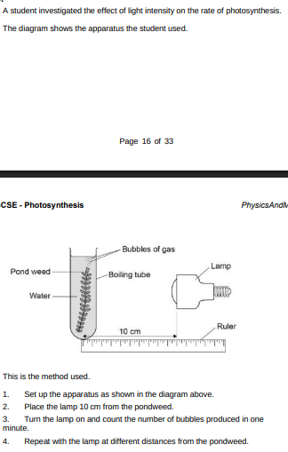 <p>Complete the hypothesis for the student’s investigation. ‘As light intensity increases, _____________________________________ __________________________________________________________’(1)</p>