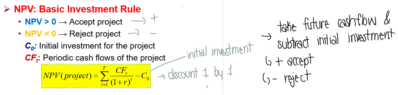 <p>The present value of all future cash inflows discounted at the WACC minus the initial investment</p><ul><li><p>represents the expected change in firm value from taking the project</p></li></ul><p>Rules:</p><ul><li><p>NPV > 0 → accept project</p></li></ul><ul><li><p>NPV < 0 → reject project</p></li></ul><p></p>