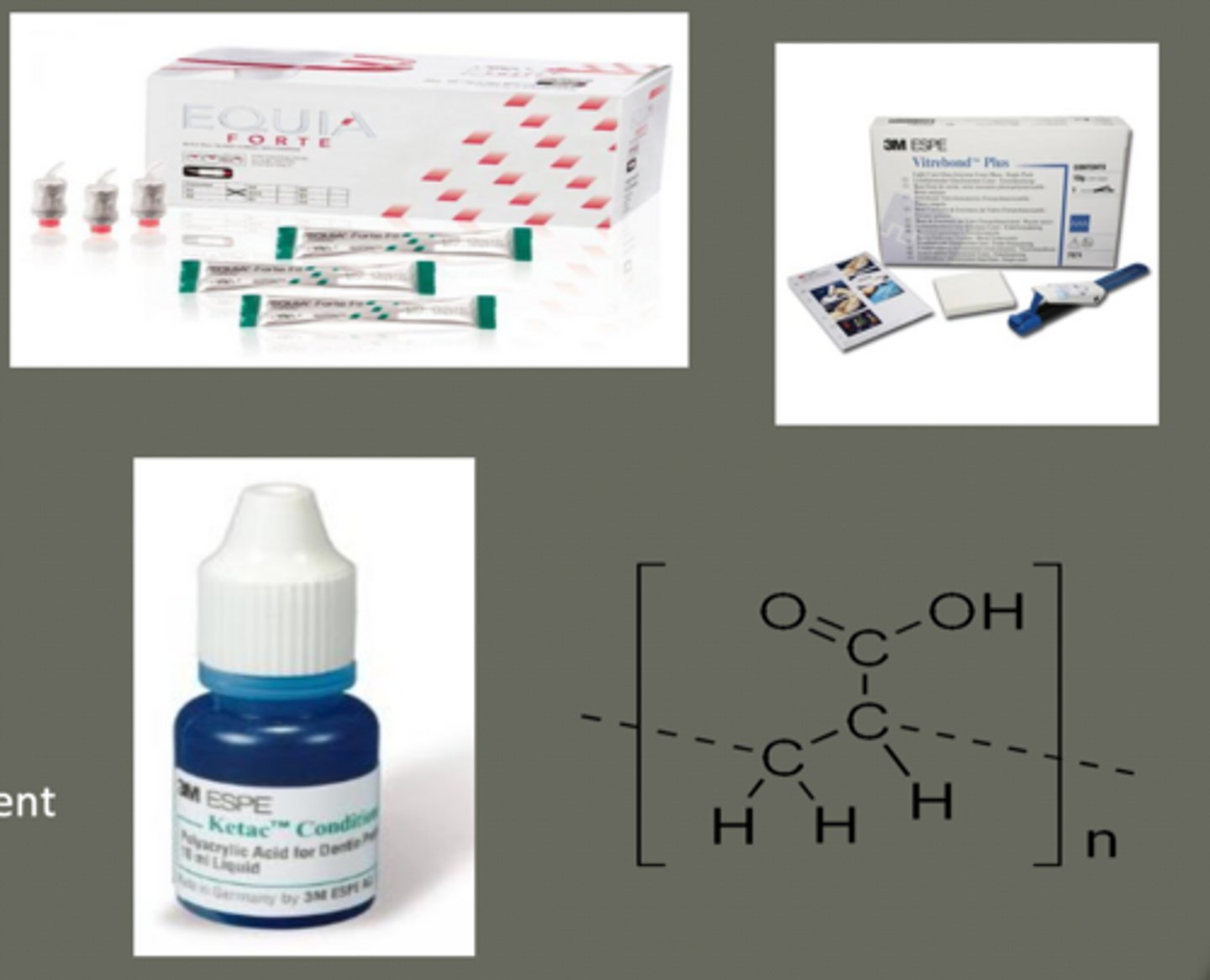 <p>types of bases:</p><p>- EQUIA-Forte: self curing glass ionomer materia</p><p>- polyacrylic acid used before placement</p><p>ex. of secondary liner:</p><p>- Vitrebond: light curing resin modified glass ionomer material</p><p>- polyacrylic acid used before placement</p>