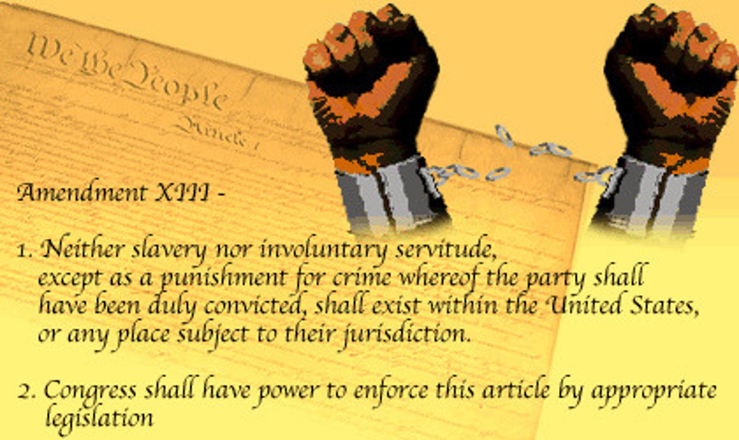 <p>an 1865 amendment to the United States Constitution that abolishes and outlaws the institution of slavery throughout the nation: FREE!!</p>