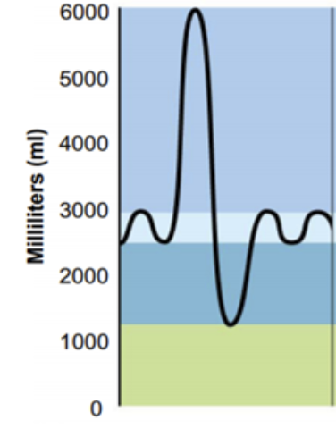 <p>What is the volume that includes goes from 1000 - 2500 mL? (Dark blue)</p>