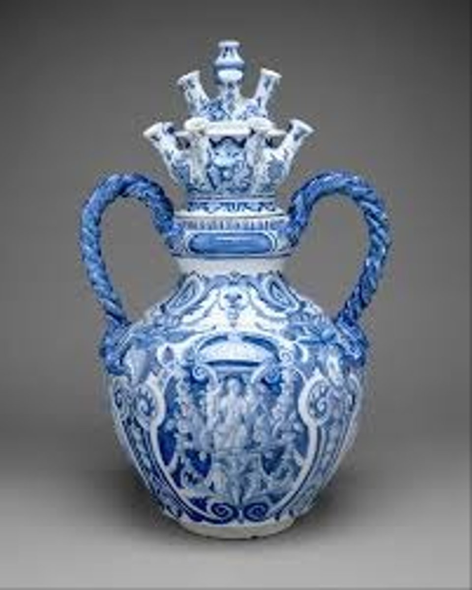 <p>Dutch tin-glazed ceramics heavily influenced by Islamic techniques and motifs steeped in the majolica tradition; Dutch Blue and White which emulated the Chinese wares using majolica techniques; soft-bodied earthenware fired at a relatively low temperature and covered with tin glaze; polychrome versions copy the Chinese Kang-hsi and Japanese Imari wares</p>