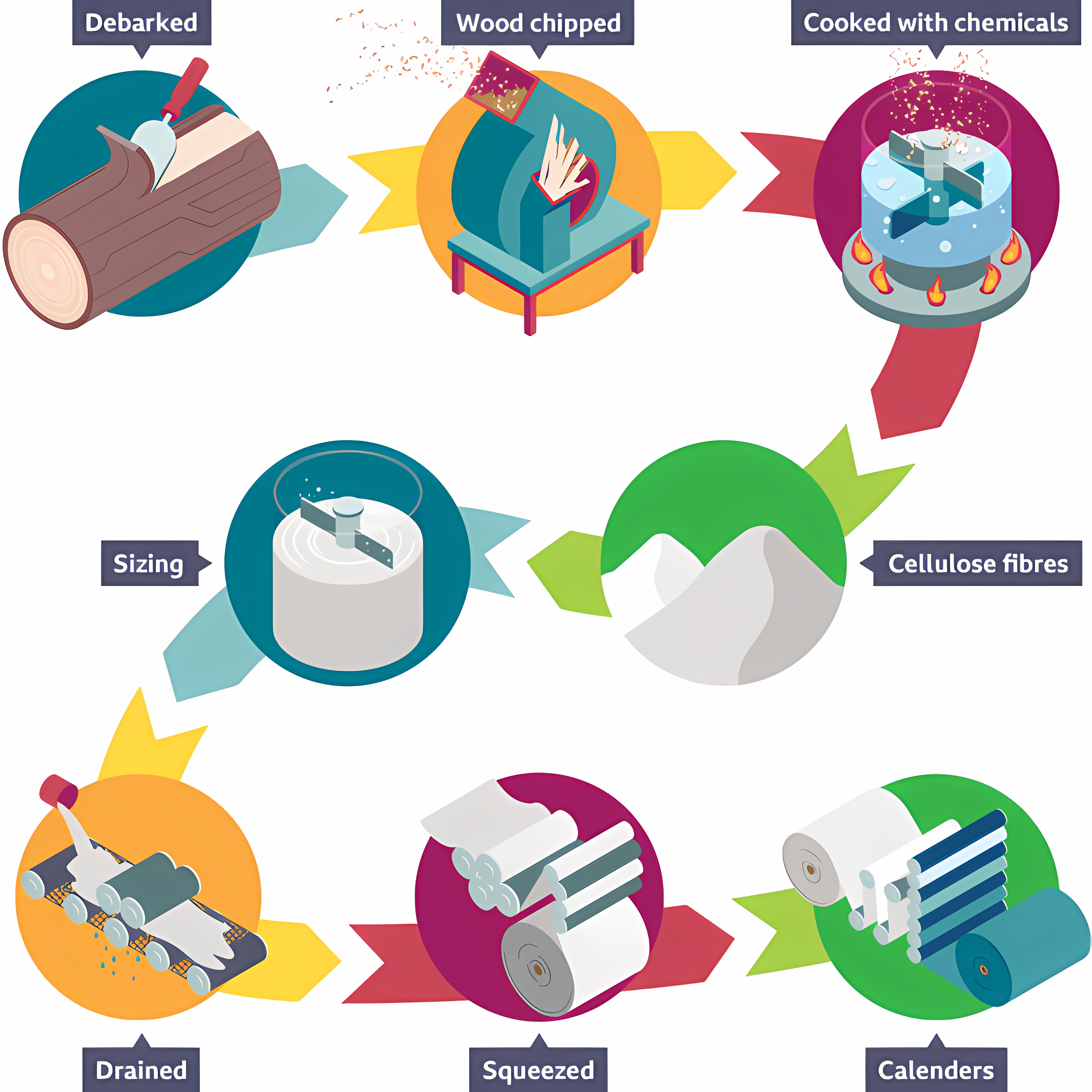 <p>Paper is made from fibers or recycled materials. Wood pulp is obtained and the bark &amp; chip[pings are removed to extract the cellulose fibers. The pulp is filtered squeezed &amp; bleached. Excess water is drained out through calenders.</p>