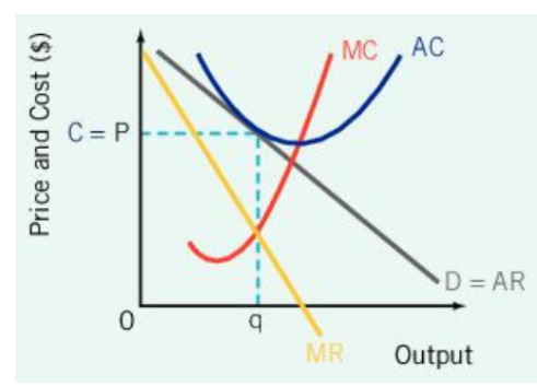 <p>Monopolistic Competition: Profits and Losses</p><p>long run normal profit</p><p>Profit is maximized (MC = MR) </p><p>Cost per unit (C) equals</p>