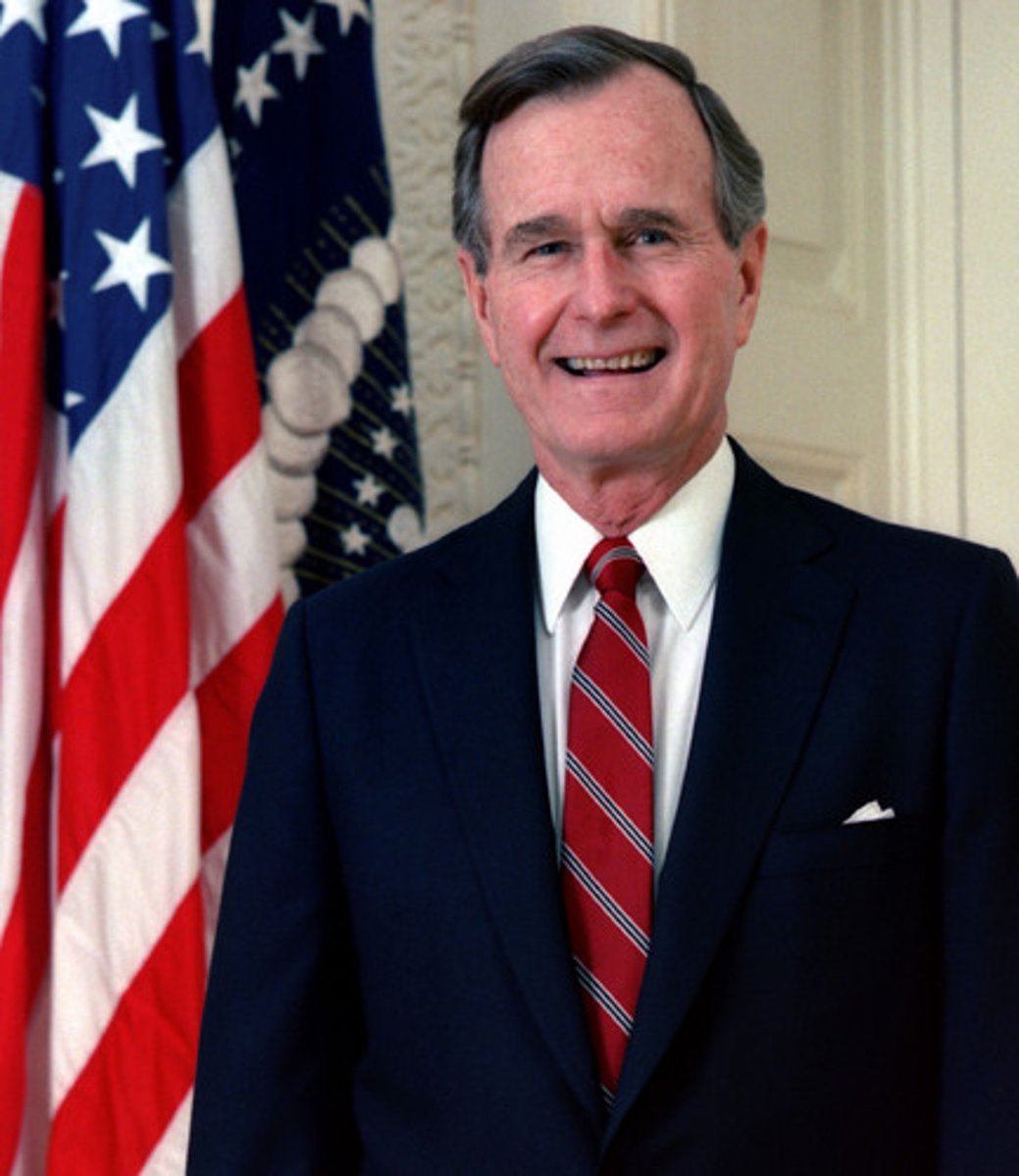 <p>US President from 1989-1993 who launched successful military operation against Iraq known as the Persian Gulf War; however, his popularity at home was marred by an economic recession, and in 1992 he lost his bid for re-election to Bill Clinton.</p>