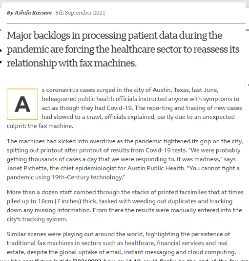 <p>Fax backlogs caused massive delays in processing test results, showing inefficiency and dependence on outdated tech.</p>