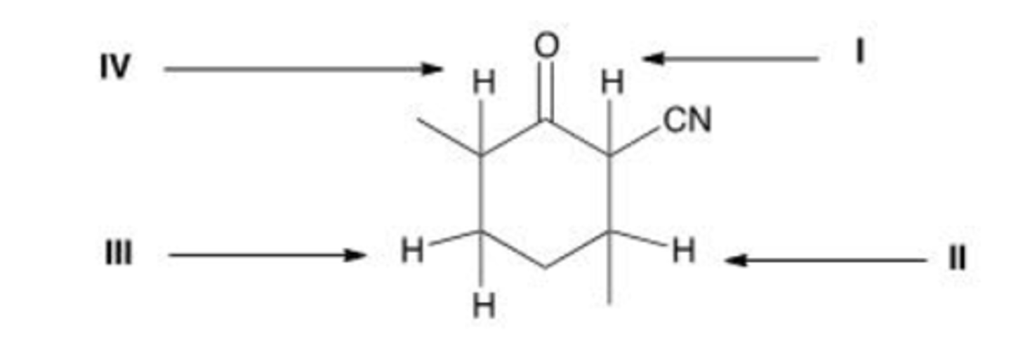 <p>Which is the most acidic proton in the following compound?</p><p>A. I</p><p>B. II</p><p>C. III</p><p>D. IV</p>