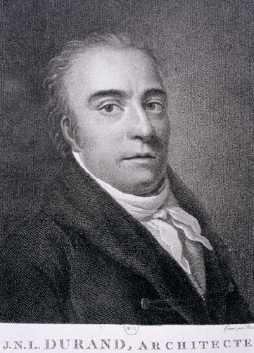 <p>TIJD: einde 18e E</p><p>PLAATS: Parijs</p><p>STIJL: Franse Revolutie</p><p>KENMERK:</p><p>- Professor Ecole Polytechnique</p><p>- Recueil et Parallèle des édifices de tout genre anciens et modernes (le grand Durand)</p><p>- Herdenkt de traditionele basissen waarop de klassieke architectuur gebaseerd is; alle mogelijke stijlen als referentiepunt</p><p>- Efficiëntie en nut staan centraal (zowel de gebouwen als het ontwerpproces)</p><p>- Précis des leçons architecture</p>