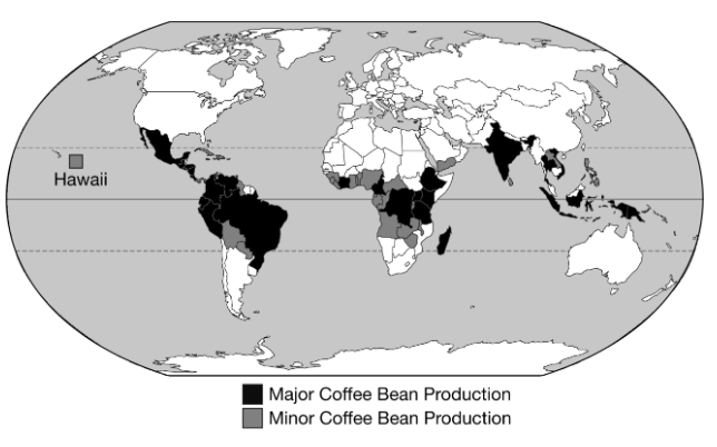 <p>With the exception of Hawaii, the map shows the pattern of production for coffee beans by country.</p><p class="stem_paragraph">If the map was reproduced at the subnational state or provincial scale, as Hawaii is on the map, what changes in pattern would be expected in other parts of the world?</p>