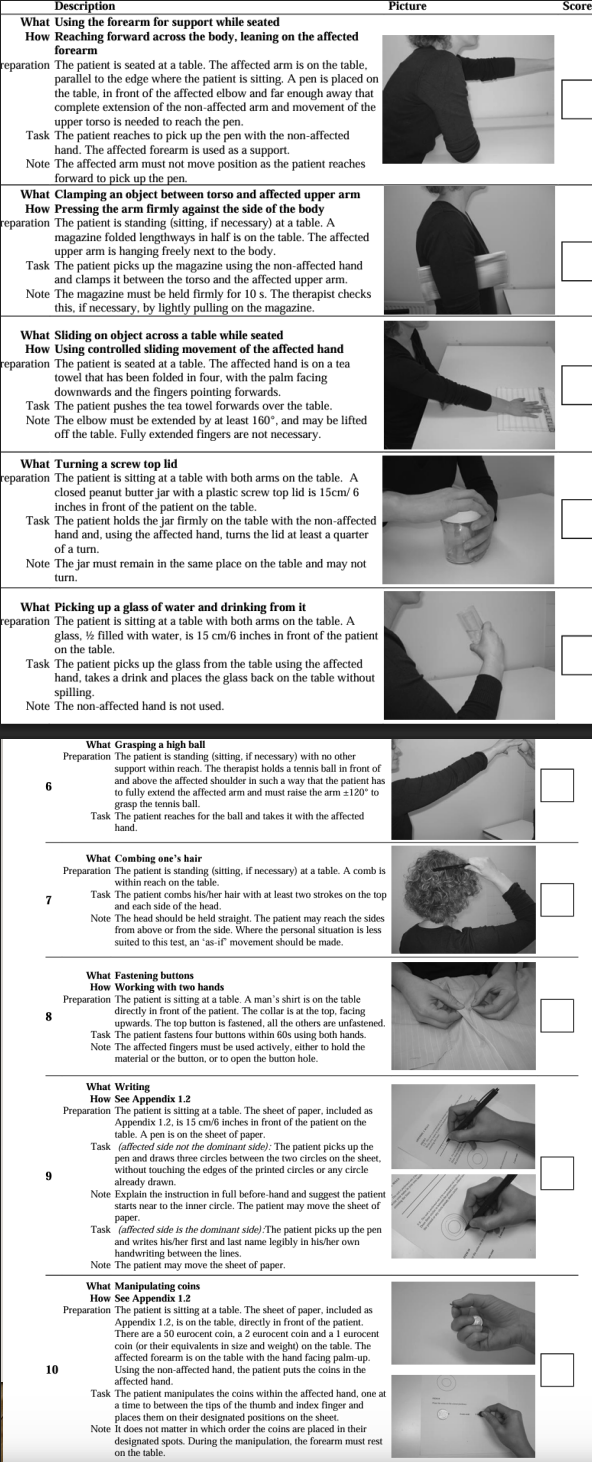 <p><strong><u>objective measure</u></strong></p><ul><li><p><strong><u>10 tasks: simple to complex</u></strong></p></li><li><p><strong><u>Performed standing or sitting</u></strong></p><ul><li><p><strong><u>hint</u></strong>: <strong><u>S</u></strong>ulc<strong><u>S</u></strong>; <strong><u>S</u></strong>tanding or <strong><u>S</u></strong>itting</p></li></ul></li><li><p><strong><u>All tasks unaided</u></strong></p></li><li><p><strong><u>Examines performance of task, not the quality</u></strong> (<strong><u>very functions-based!</u></strong>)</p><ul><li><p><em>e.g., reaching, opening lids, grasping a high ball, combing hair&nbsp;</em></p></li><li><p><strong><u>hint:</u></strong> <strong><u>CAPACITY</u></strong> scale ==&gt; <strong><u>PERFORMANCE</u></strong>, NOT QUALITY of a skill</p></li></ul></li><li><p><strong><u>Score:</u></strong></p><ul><li><p><strong><u>0= Patient unable to perform the task in the manner described</u></strong></p></li><li><p><strong><u>1= Patient is able to perform the task in the manner described</u></strong></p></li><li><p><strong><u>hint</u></strong>: <strong><u>CAPACITY</u></strong> ==&gt; <strong><u>COMPUTER;</u></strong> <strong><u>scoring is like binary coding</u></strong> (<strong><u>0- no, 1- yes</u></strong>)</p></li></ul></li></ul><p></p>