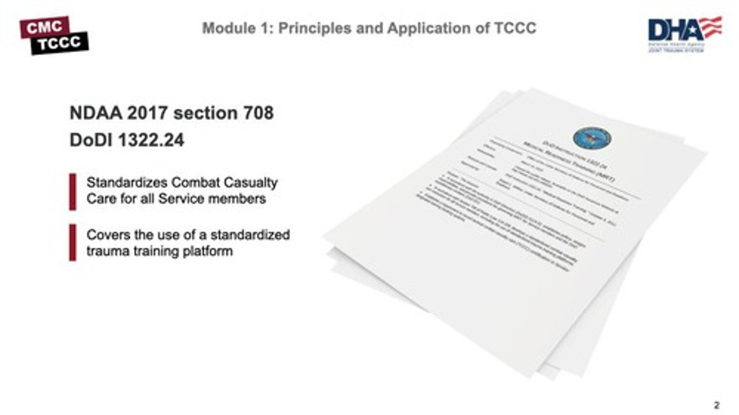 <p>TCCC is the standard of care in battlefield prehospital medicine focused on lifesaving skills.</p>