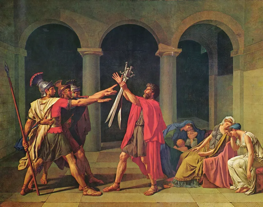 <ul><li><p><strong>ID Info:</strong> Jacques-Louis David, 1784, oil on canvas, France.</p></li><li><p><strong>Content:</strong> Three Roman brothers taking an oath to fight for Rome, while women mourn in the background.</p></li><li><p><strong>Function:</strong> Promotes civic virtue and patriotism, aligning with Neoclassical ideals.</p></li><li><p><strong>Context:</strong> Created in pre-revolutionary France, emphasizing loyalty and sacrifice for the state.</p></li><li><p><strong>Form:</strong> Sharp lines, structured composition, dramatic lighting, and classical influences.</p></li></ul><p></p>