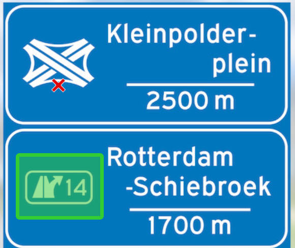<p><span>Where can you see the slip road symbol on this road sign?</span></p>