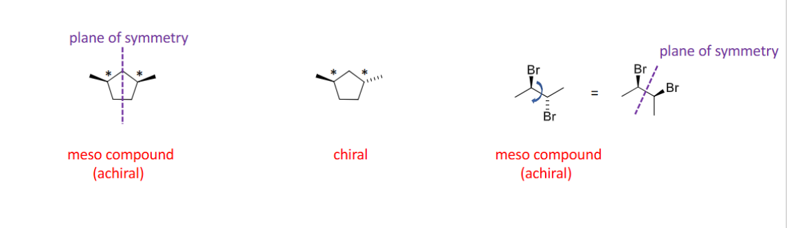 <p><span>has at least two (or more) chiral centers but also has a plane of symmetry.<br>- overall achiral</span></p>