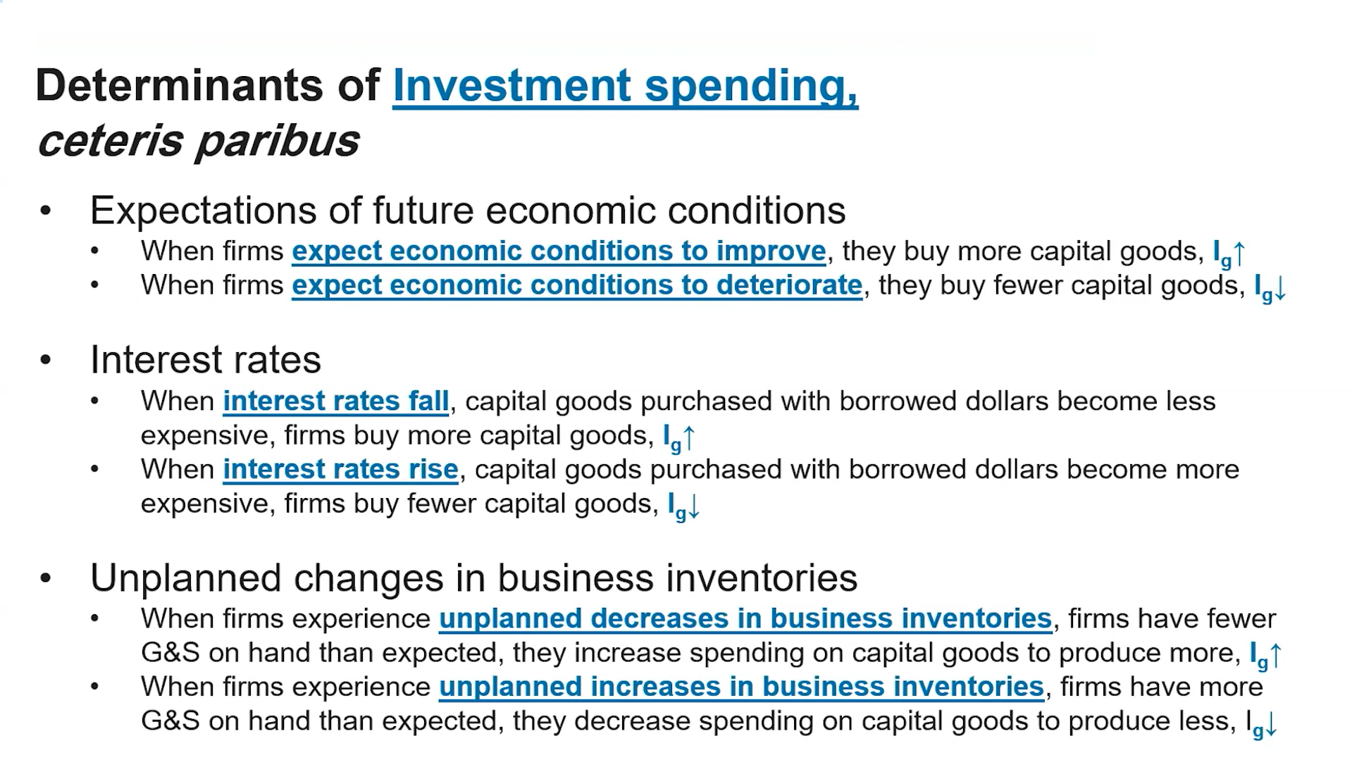 <p>Expectations of economic conditions, interest rates, unplanned changes in business inventories.</p>