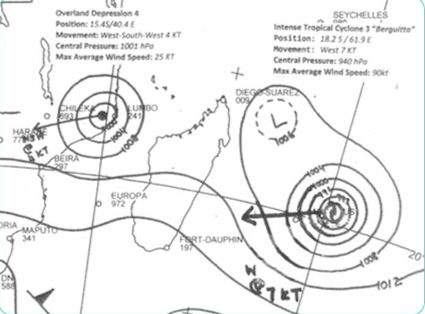 <p>1.) LP in circular isobars</p><p>2.) between 5°N/S</p><p>3.) steep pressure gradient</p><p>4.) summer/early autumn</p><p>5.) visible eye symbol</p><p>6.) name of cyclone on map</p>