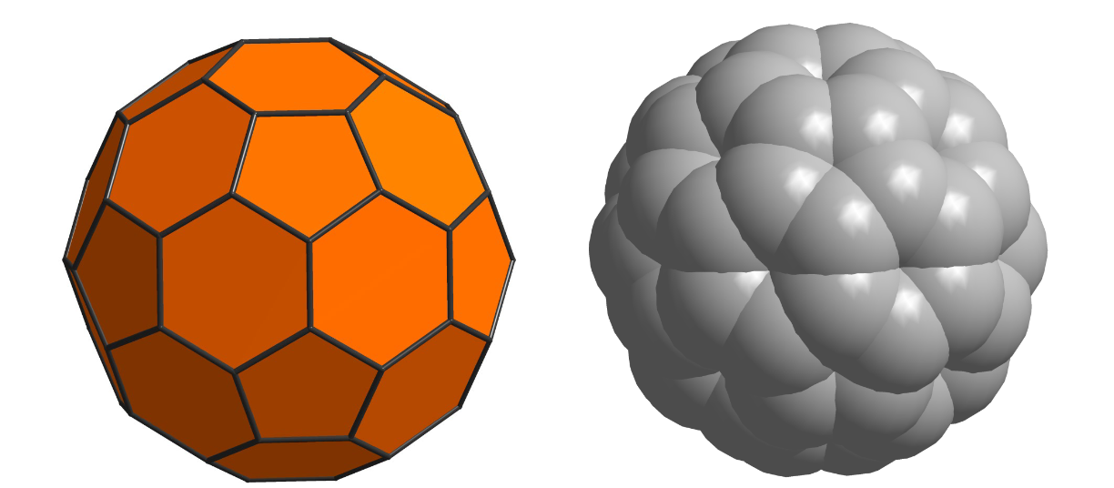 <p><span><span>“soccer ball” made of hexagons and pentagons</span></span></p><p><span><span>consisting of 12 pentagons and 20</span></span><span><br></span><span><span>hexagons</span></span></p>