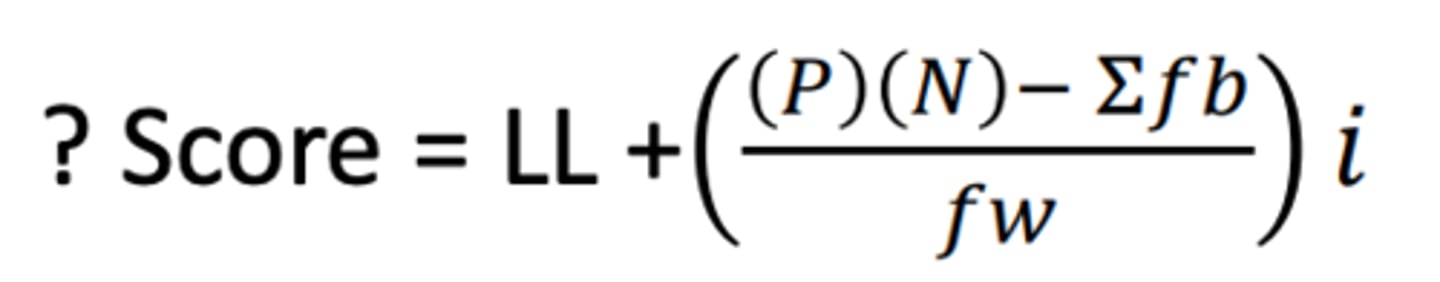 <p>• P = percentile as decimal</p><p>• N = number of scores in the data set</p><p>• LL = lower limit of the class interval that contains the score</p><p>• i = the size of each class interval</p><p>• fw = the frequency of scores in the interval that contains the score</p><p>• ∑fb = sum of the scores below the interval</p>