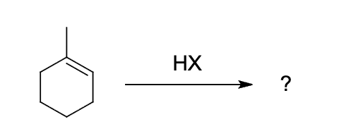 <p>which structure depicts the most likely carbocation intermediate formed in the hydrohalogenation reaction shown</p>
