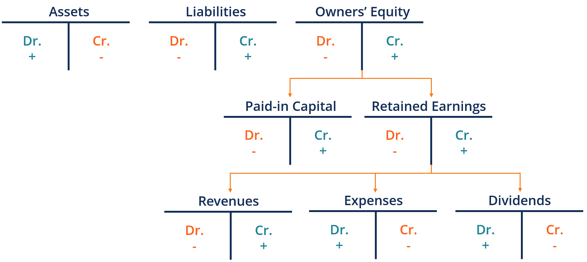 <ol><li><p>Assets</p></li><li><p>Liabilities</p></li><li><p>Equity</p></li><li><p>Revenue</p></li><li><p>Expenses</p></li><li><p>Withdrawals</p></li></ol>
