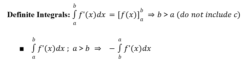 <p>Integrals with fixed upper and lower boundaries (constant of integration ‘c’ disappears).</p>